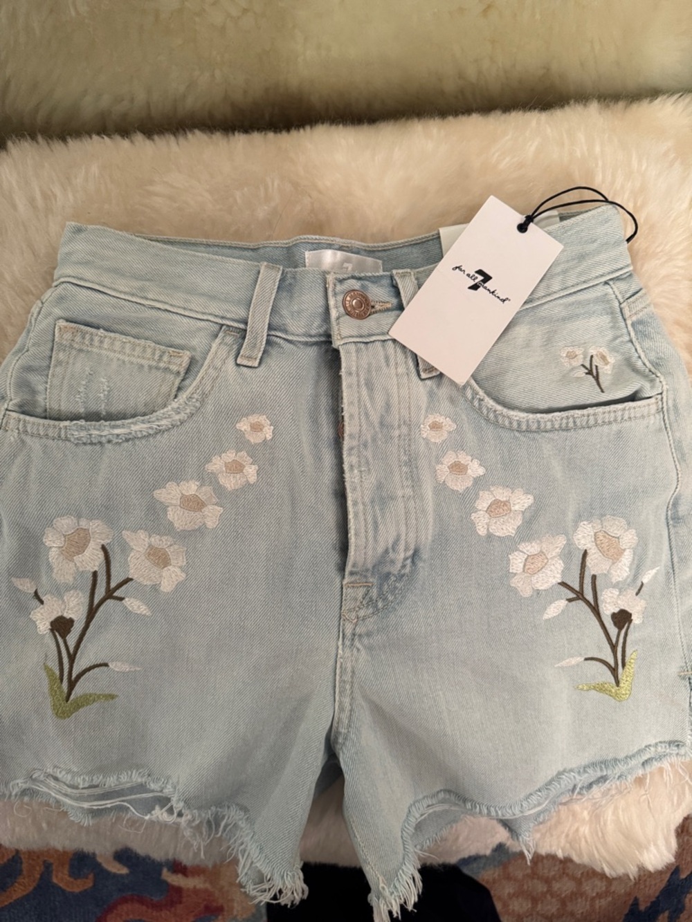 7 For All Mankind Light Blue Embroidered Floral Denim Shorts